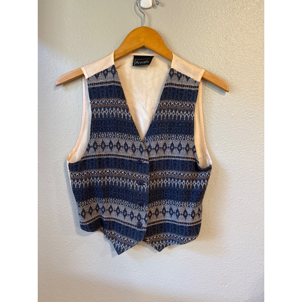 Anxiety‎ Patterned Vest Womens S Navy Blue Geometric Tapestry Button Up Vintage